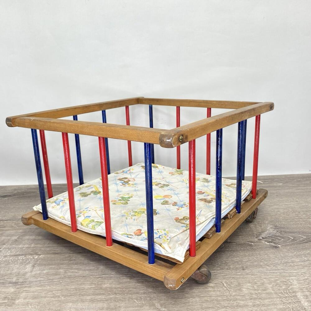 Vntg Wooden Baby Doll Playpen Red Blue Spindles Christmas Tree Fence 70s 80s 90s